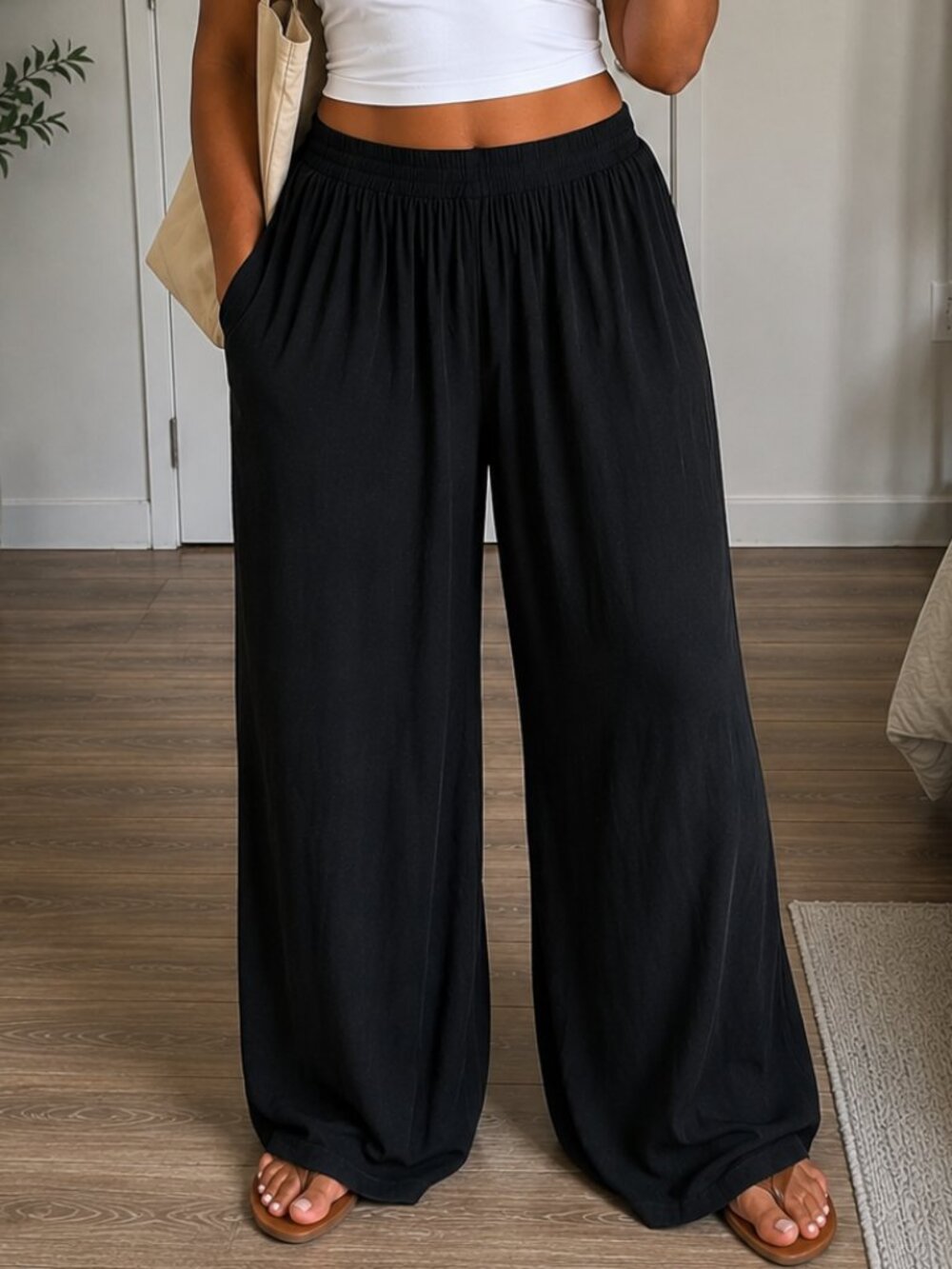 Zara Black Textured Wide Leg Pull On Pants XXL Flowy Resort Boho